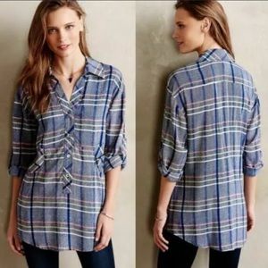 Plenty Tracy Reese Dania Bright Blue Yellow Pink Plaid Roll Tab Tunic Button Up